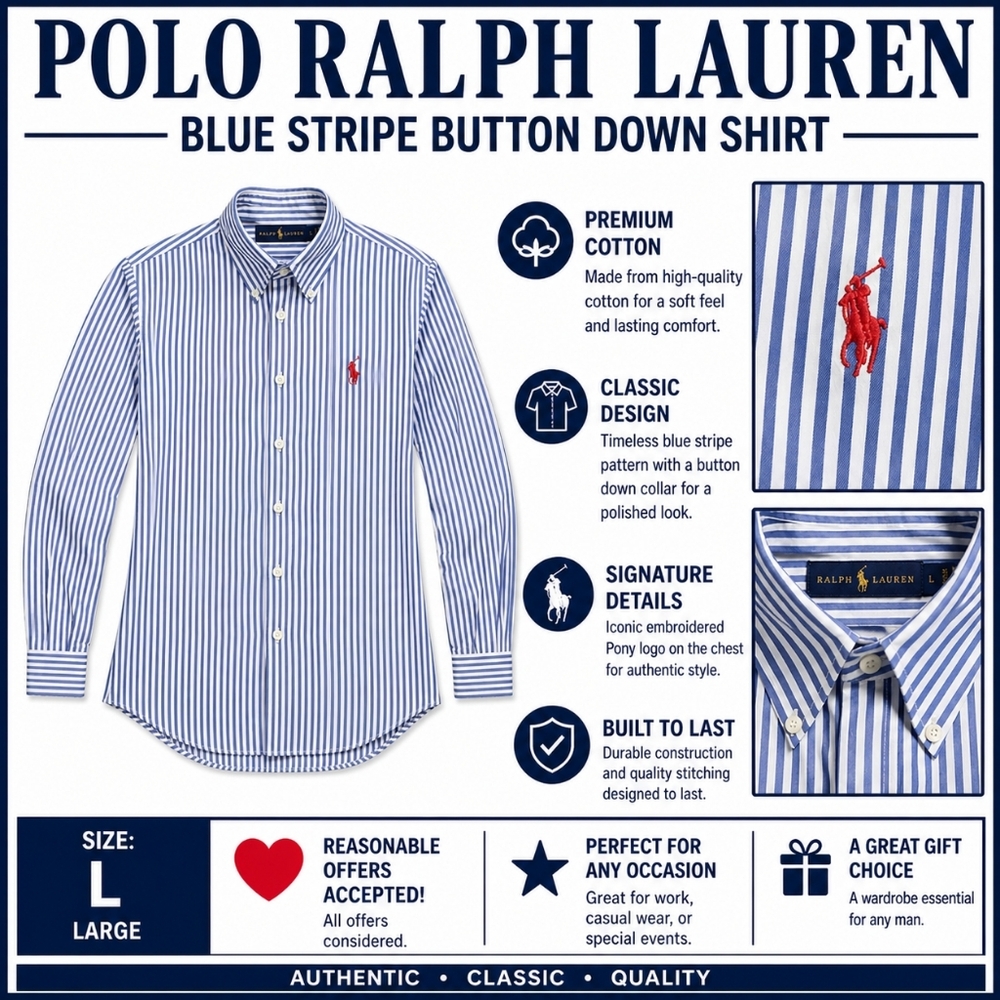 Polo Ralph Lauren Large Blue Stripe Button Down Shirt Classic Cotton
